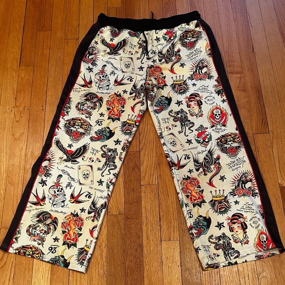 Ed Hardy Y2K Throwback Iconic Ed Hardy Graphic Tattoo Print Multi Track Pants